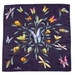 Daniel Swarovski Paris 100% Silk Scarf Insect Paradise Italy Hand Rolled Navy